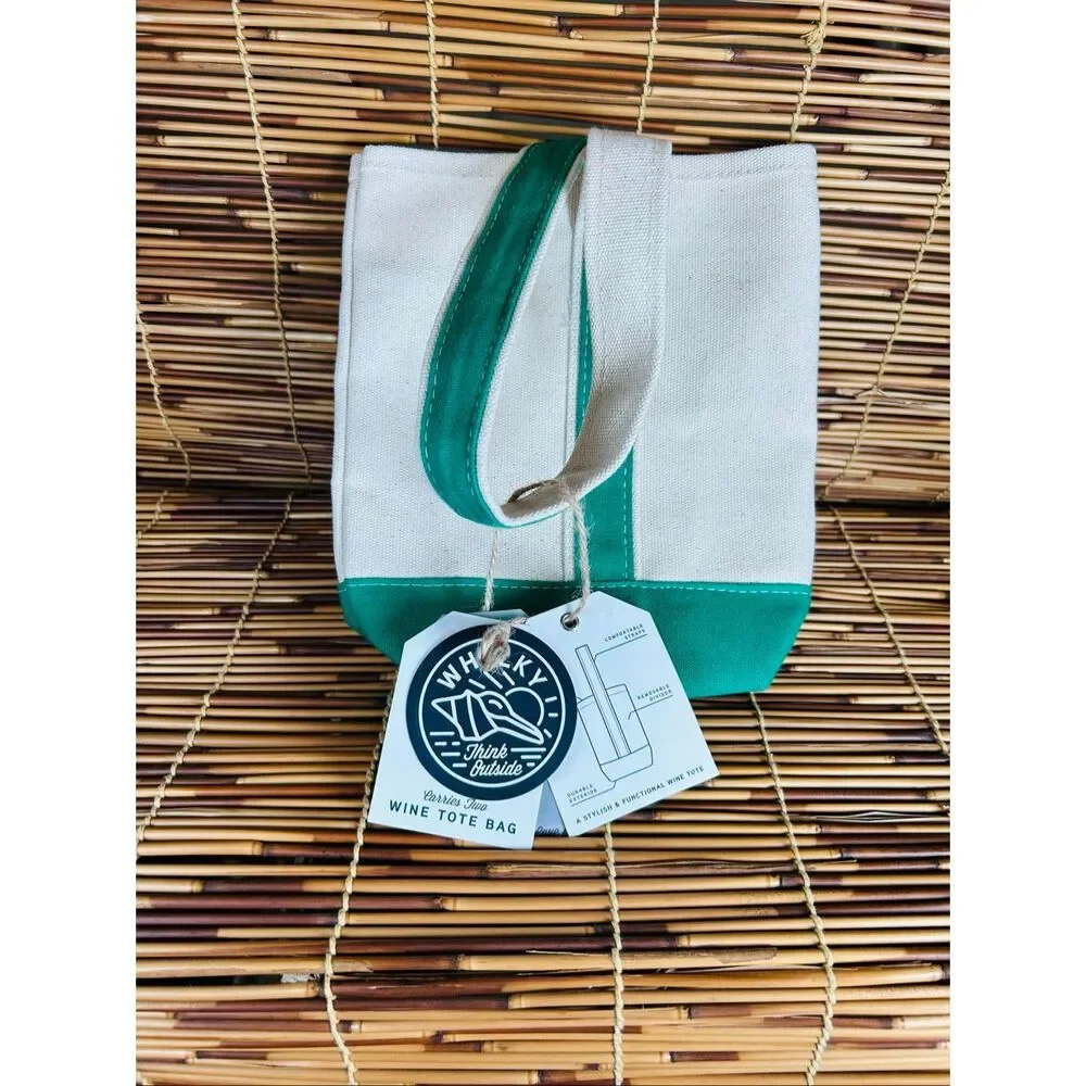 Whelky Canvas Wine Bottle Tote Bag With Green Trim Accent for 2 Bottles - New